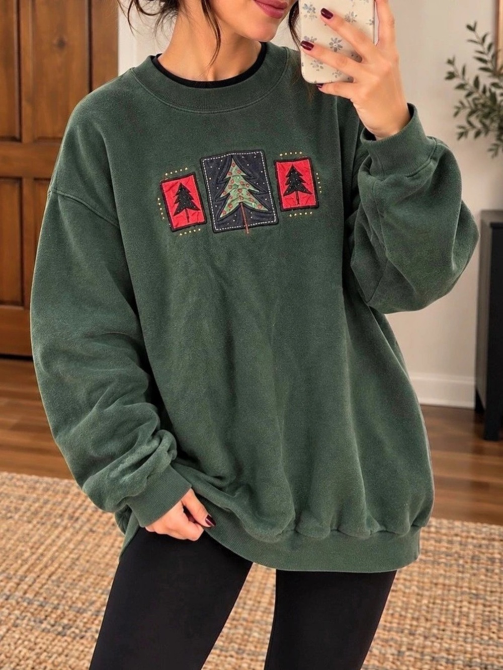Vintage Forest Green Christmas Tree Sweatshirt Patchwork Folk Art Cabin Core